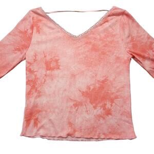 Candies Pink Shirt Preppy Boho Tie Dye V-Neck Short Sleeves NEW $34 Women Size S